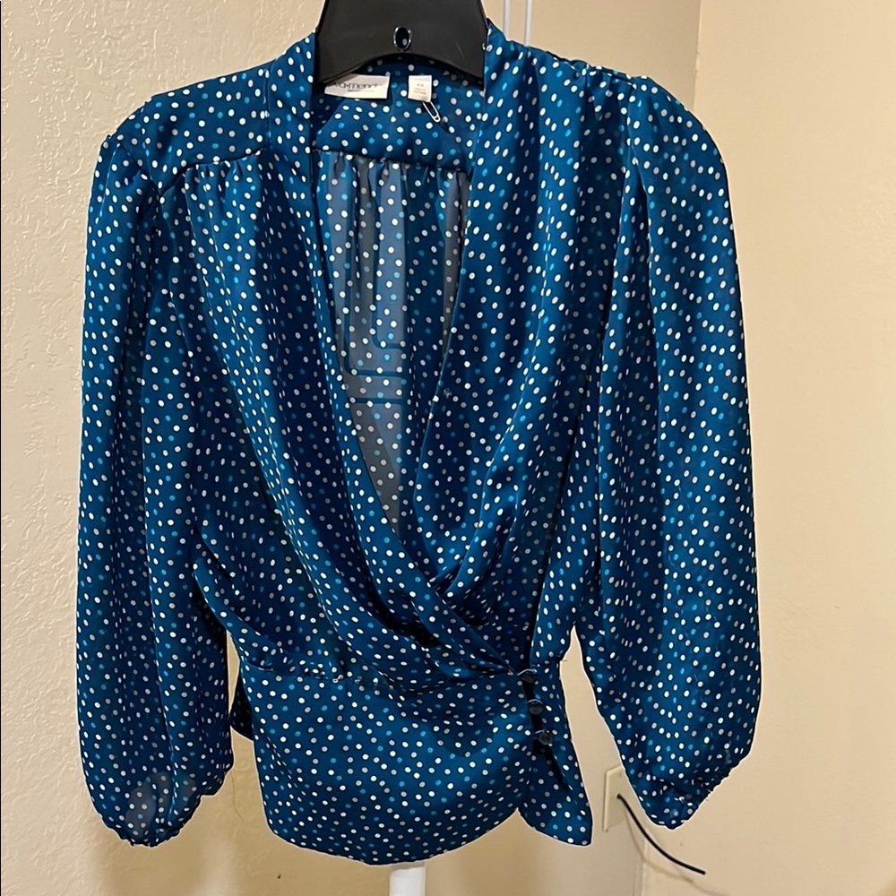 Eva Mendes Blue Puff Sleeve Wrap Blouse